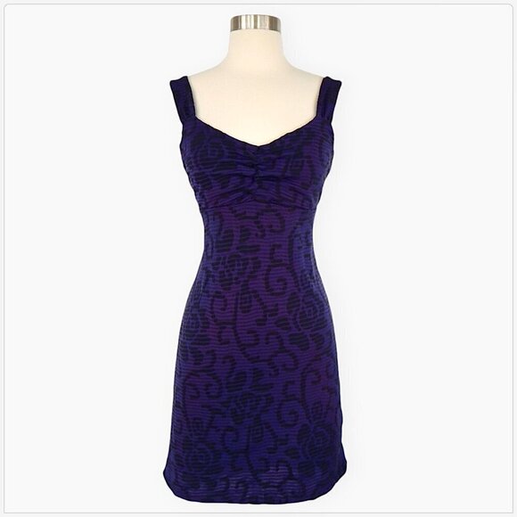 Free People Purple Black Floral Textured Stretch Knit Empire Sleeveless Dress L - Picture 2 of 5